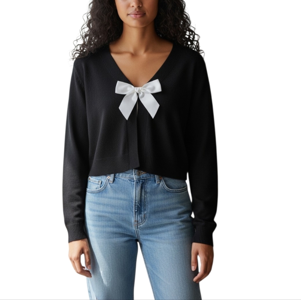 Chic Black V-Neck Cardigan with White Bow Size L